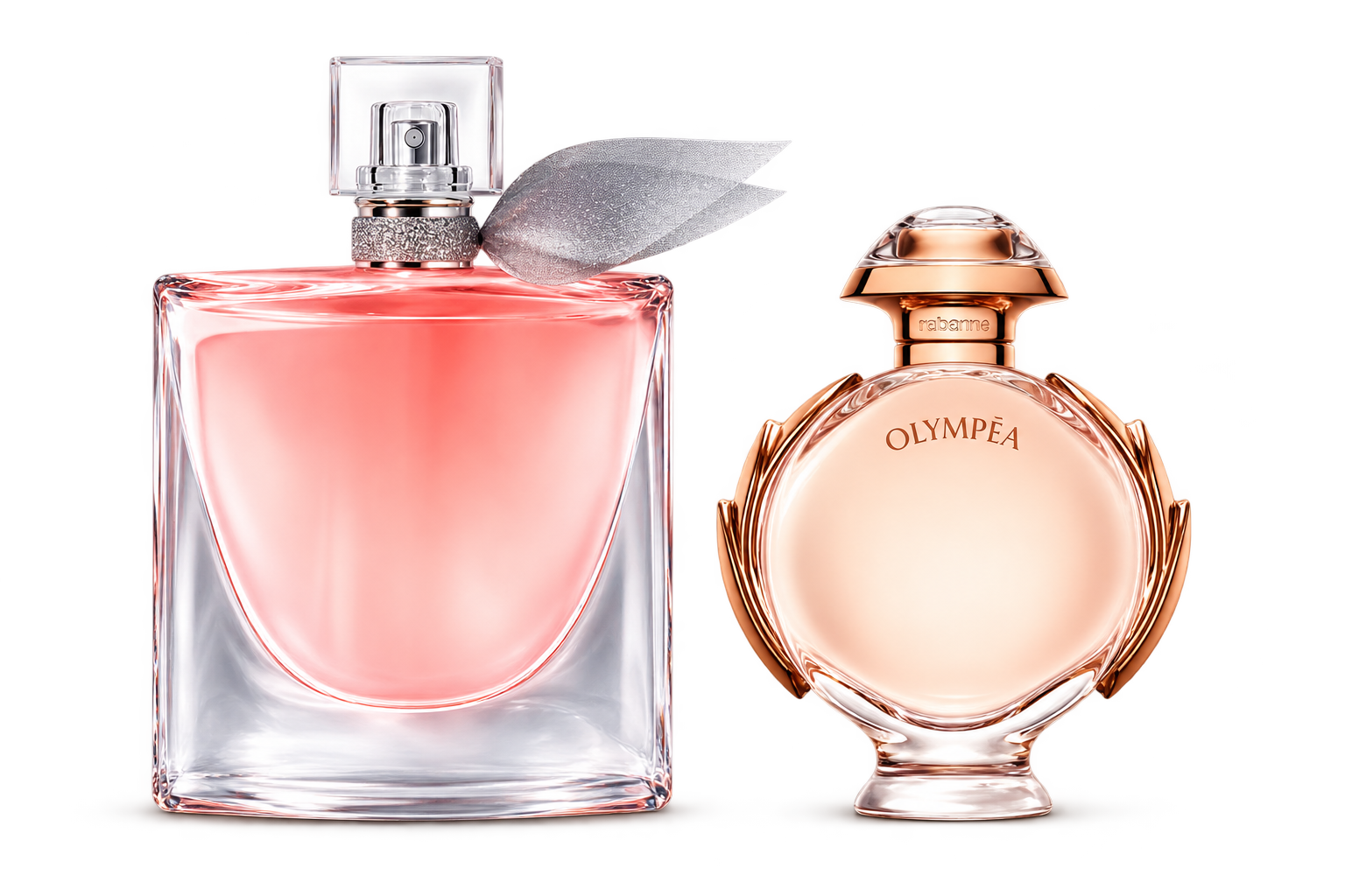 La Vie Est Belle Eau de Parfum e Olympéa em uma composição com os frascos recortados
